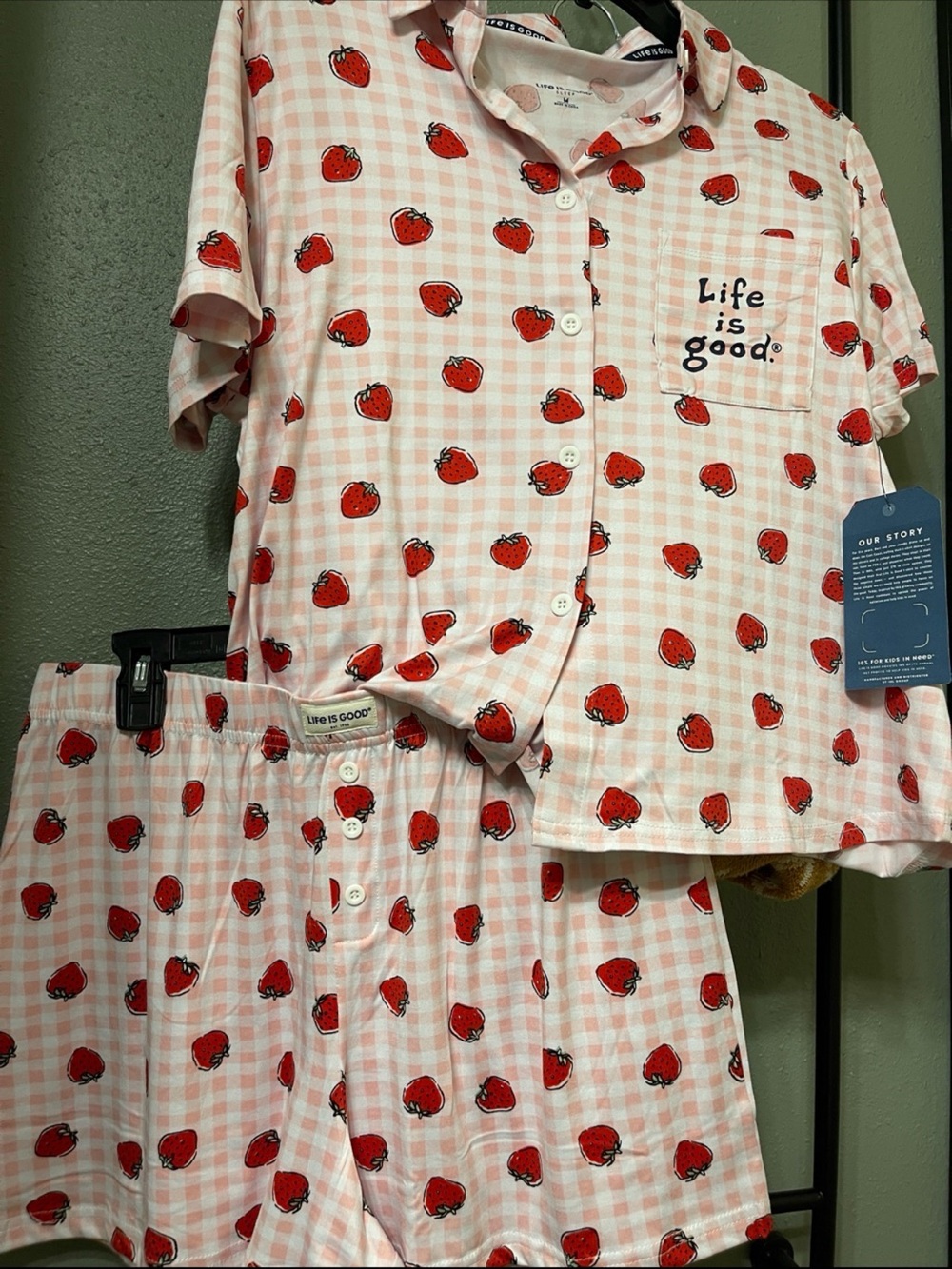 Life Is Good Pink Gingham Strawberry Button-Down Pajama Set Medium